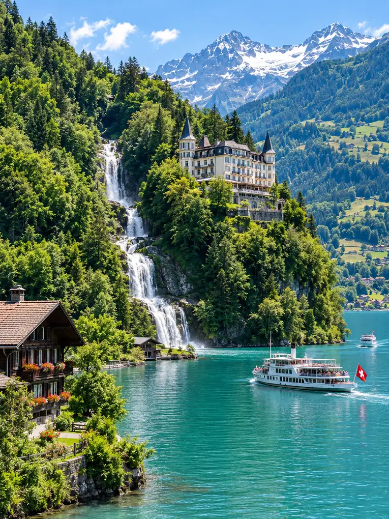 Giessbach Falls dropping through green forest toward turquoise Lake Brienz, a grand hotel among the trees