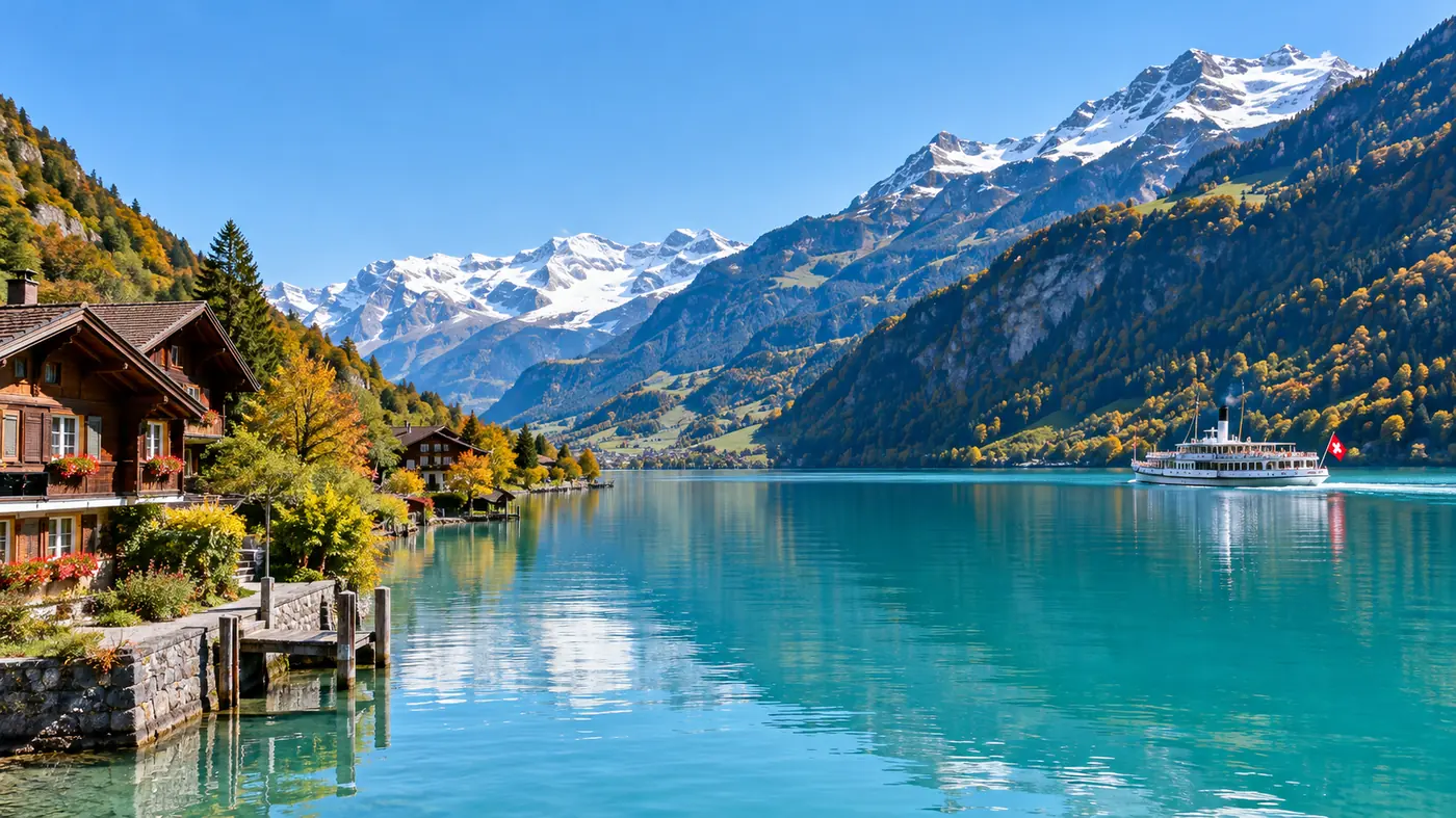 Lake Brienz in early autumn with golden forest slopes and fresh snow on the high peaks