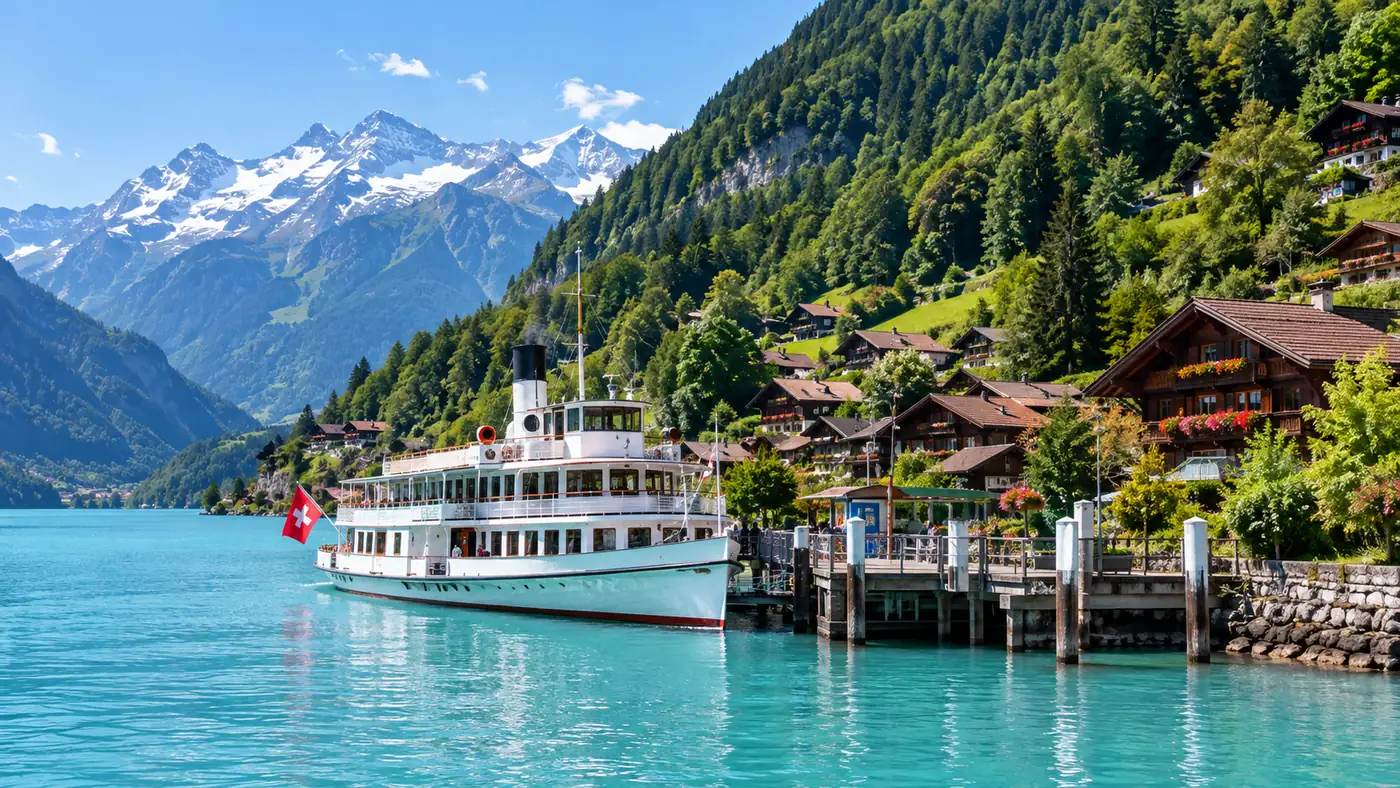 A white lake steamer arriving at a small wooden pier in front of a chalet village on turquoise Lake Brienz