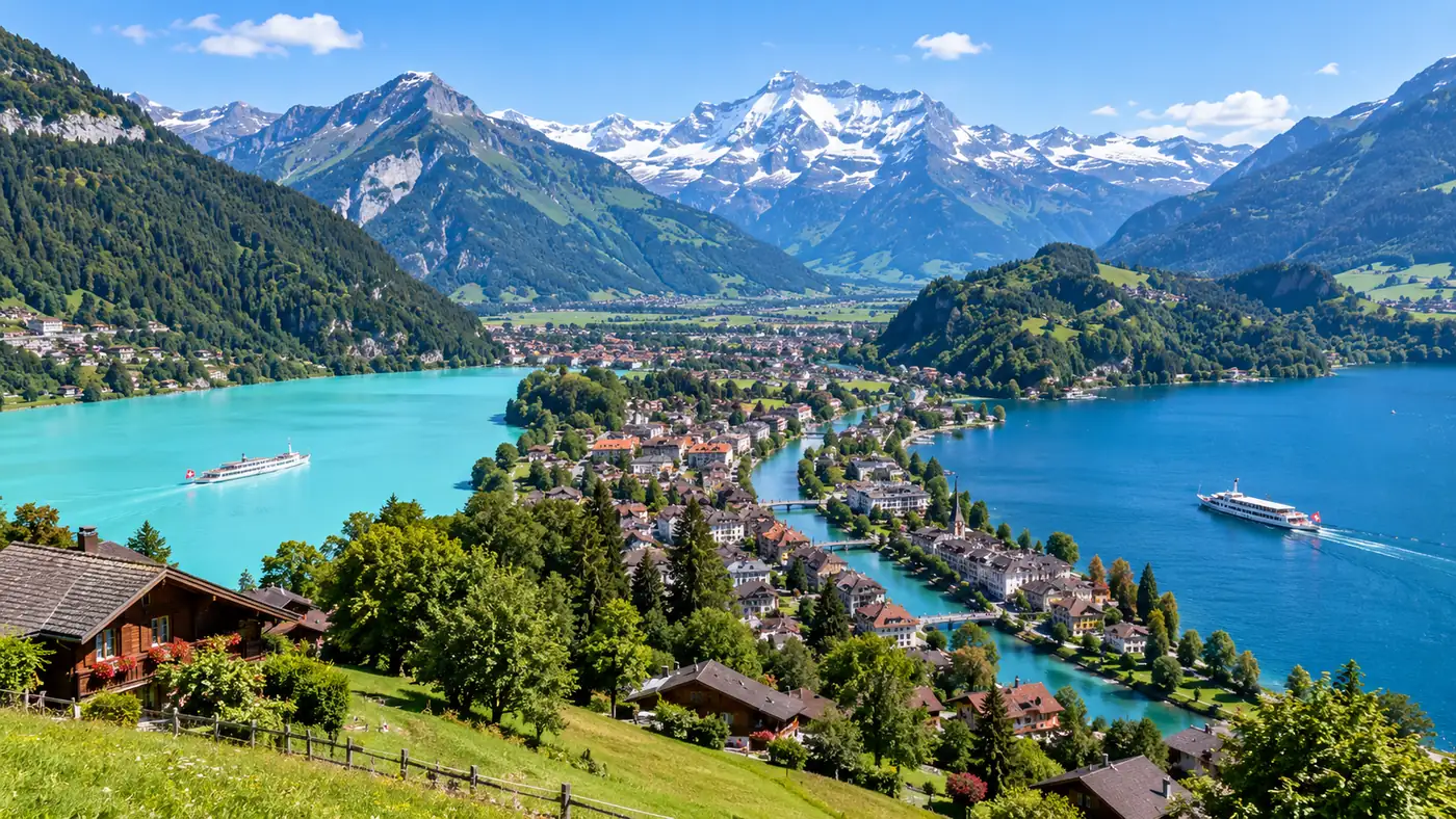Turquoise Lake Brienz and blue-green Lake Thun on either side of Interlaken, seen from a hillside