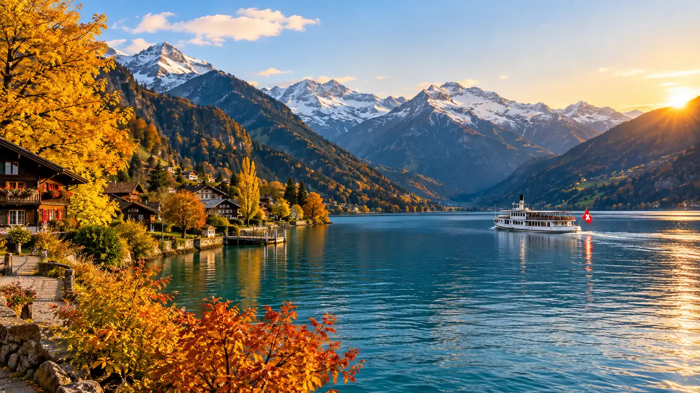 Lake Thun in late October with yellow trees on the shore and a white ship far out on the water