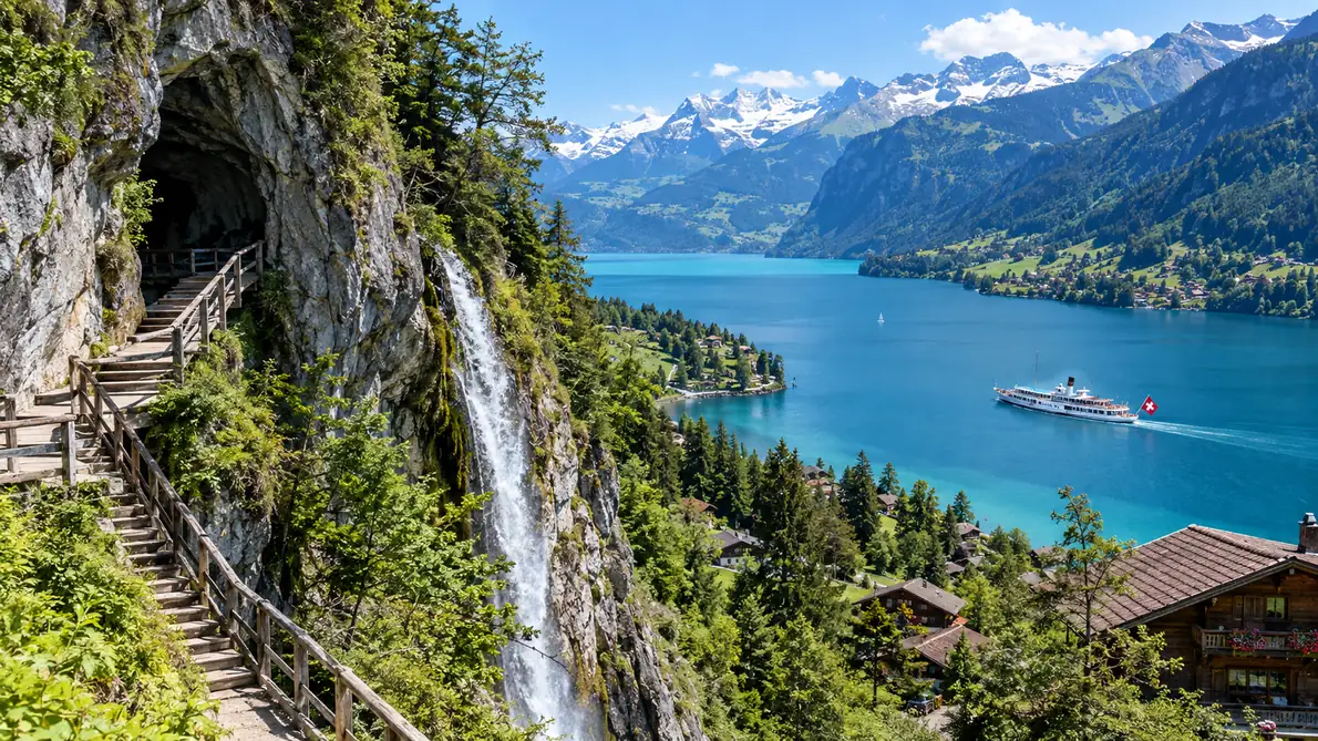 Limestone cliff with a cave entrance and a waterfall stream, wooden stairs, Lake Thun below