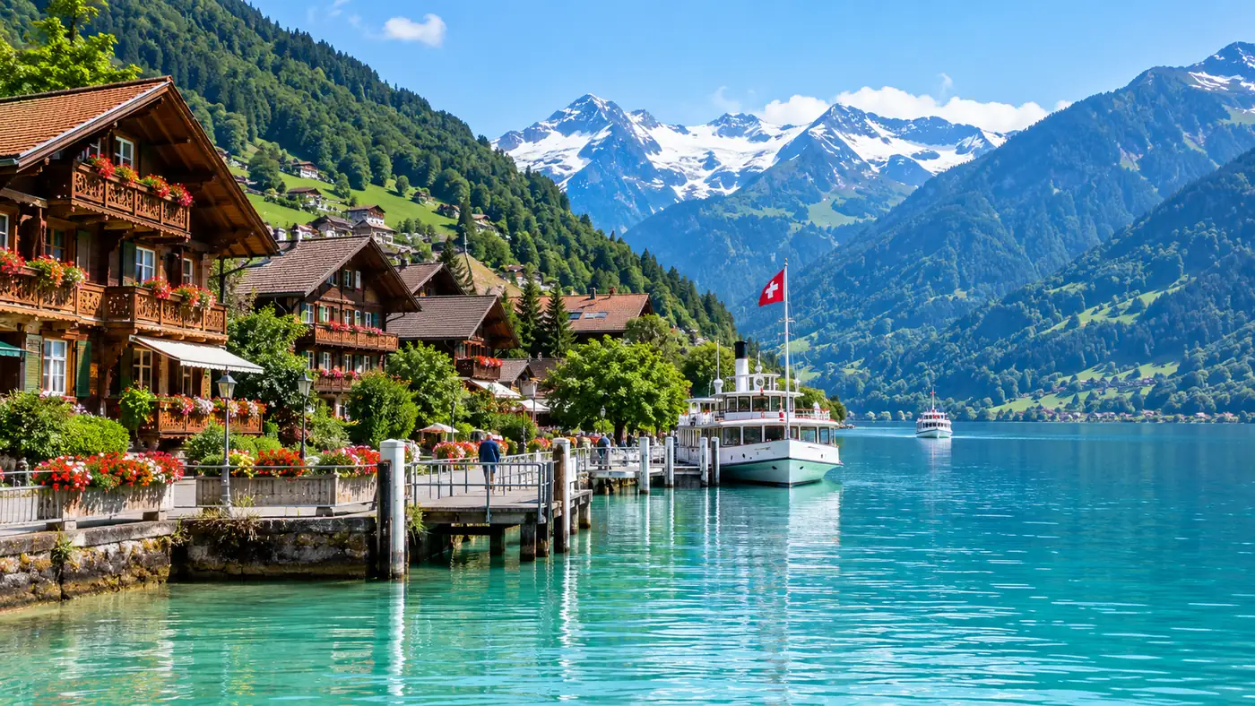 Chalets with carved wooden balconies along the Brienz waterfront, with a boat pier