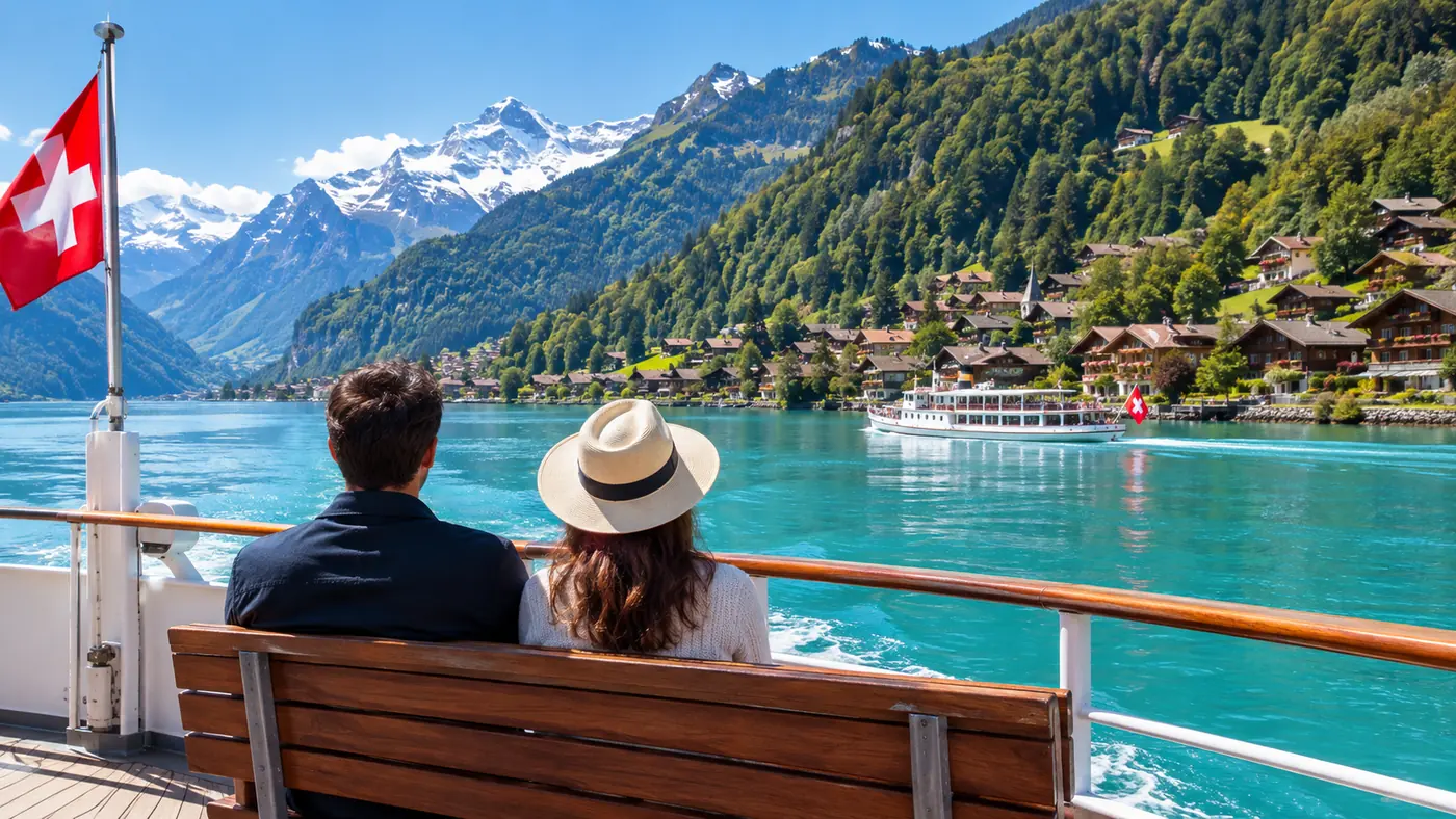 Two people seen from behind on a ship's deck bench watching the shore