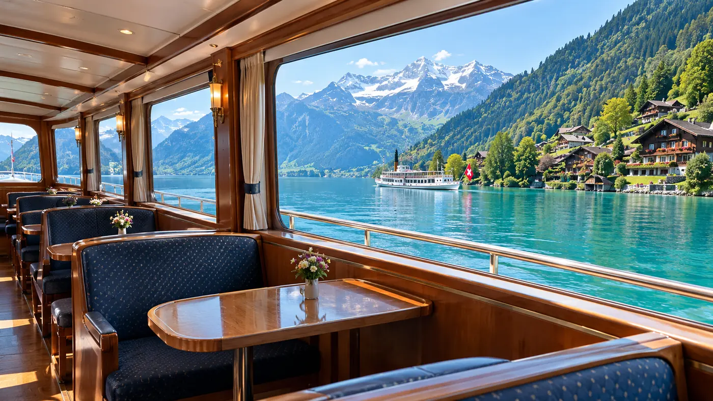 The upper saloon of a lake ship with empty seats beside large windows over the lake
