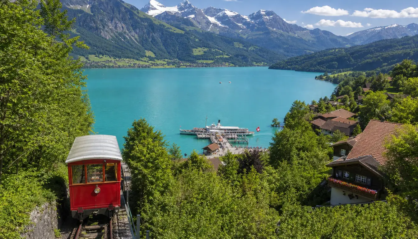 Small vintage red funicular car on a steep forested track above the Giessbach boat landing