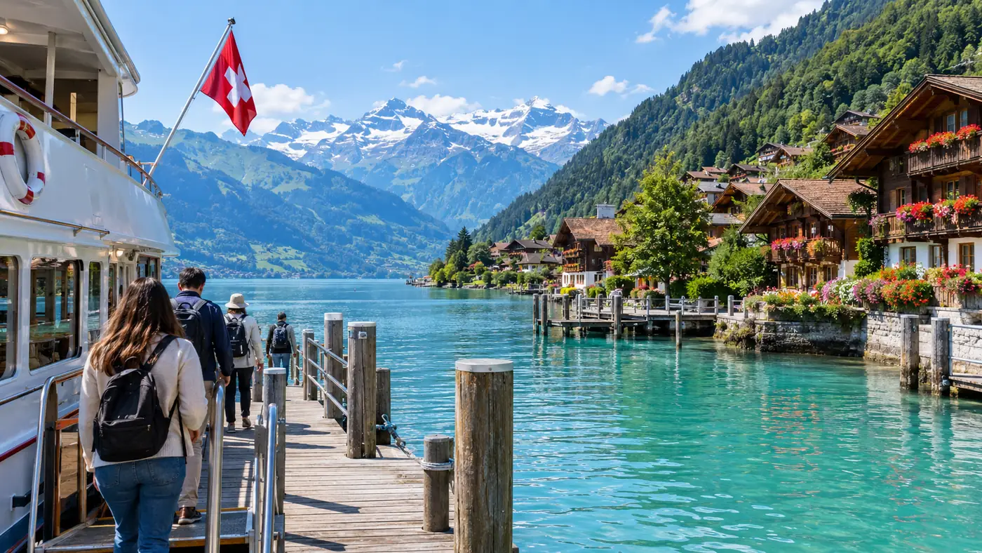 Passengers seen from behind stepping off a white lake ship onto a village pier