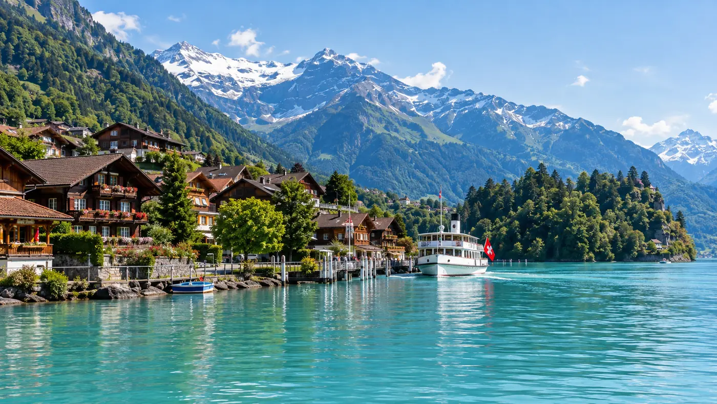Iseltwald's chalets and boat pier on Lake Brienz with a white ship arriving