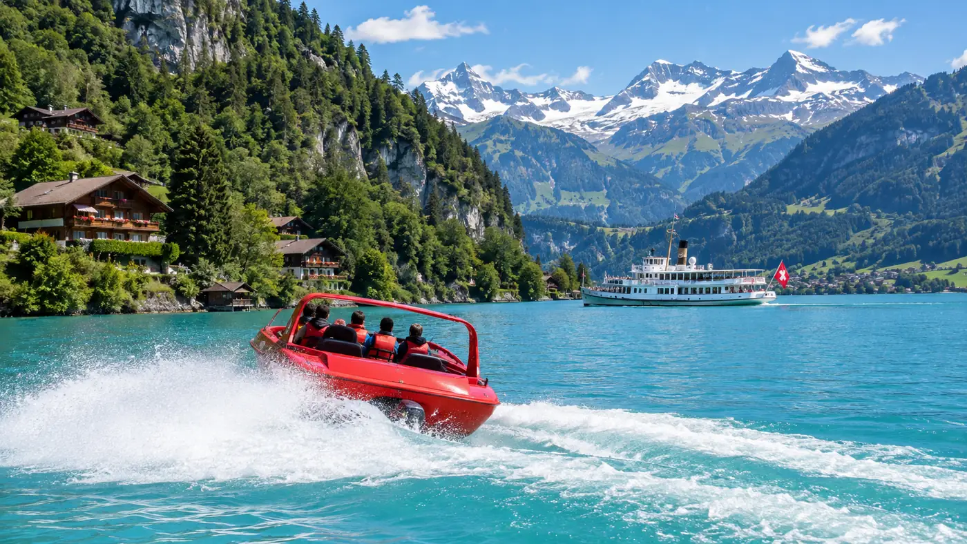 Red jetboat throwing spray in a tight turn, passengers seen from behind in life jackets