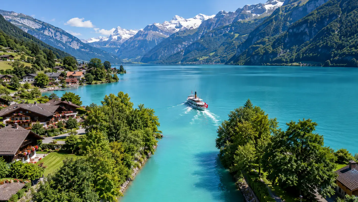 Aerial view of a tree-lined canal opening into turquoise Lake Brienz, a white ship heading out