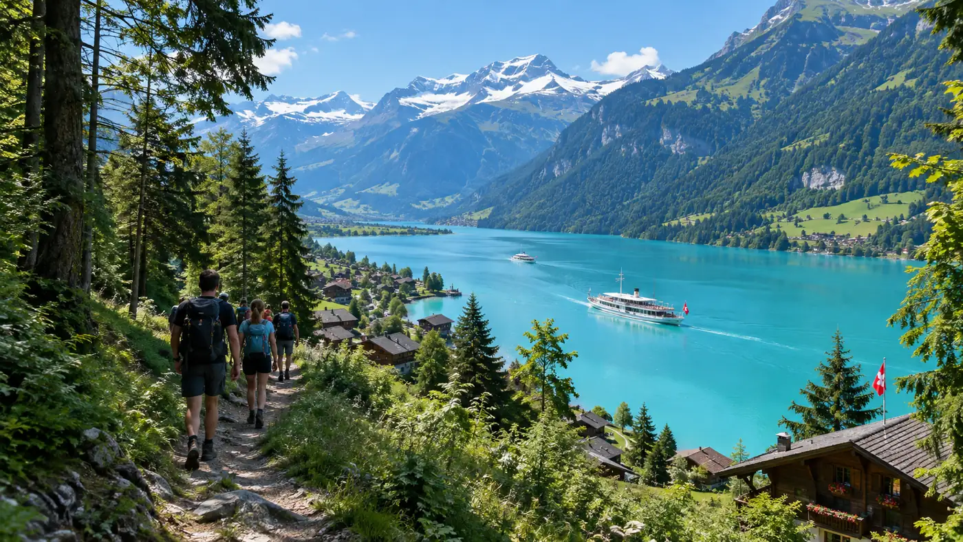 Hikers seen from behind on a forest path above turquoise Lake Brienz