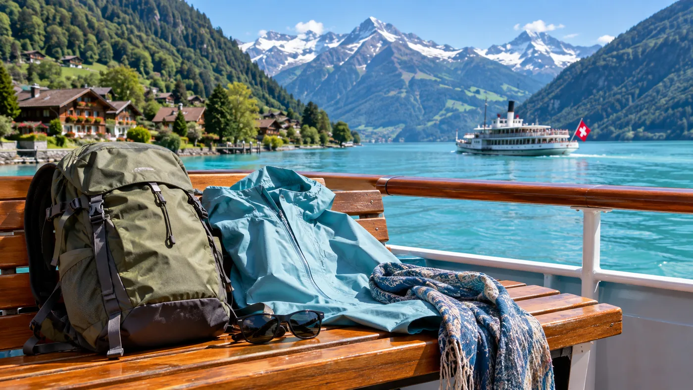 Rucksack, rain jacket, sunglasses and a scarf laid on a wooden ship bench