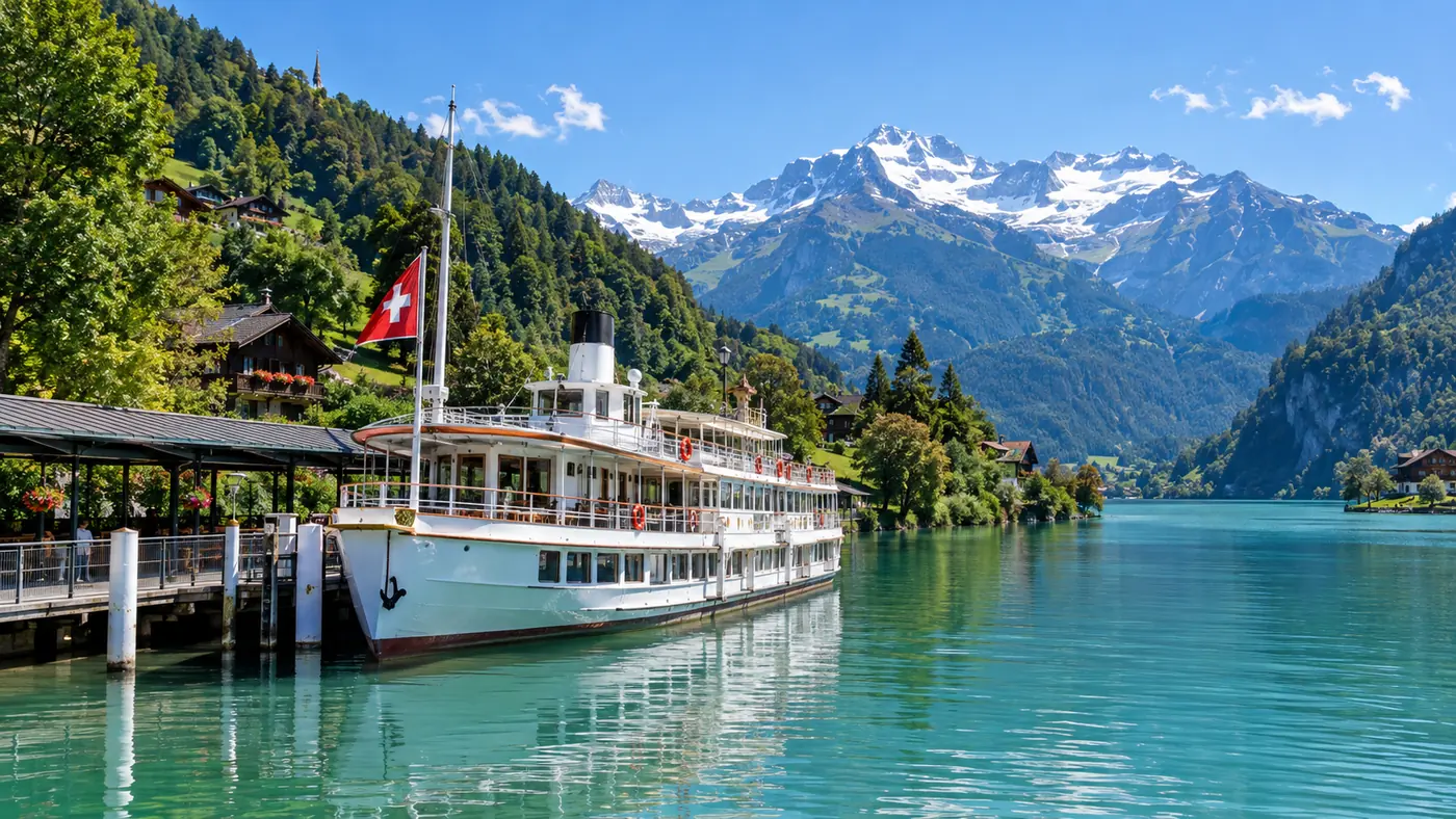 A white lake ship moored at a covered pier, snowy peaks beyond