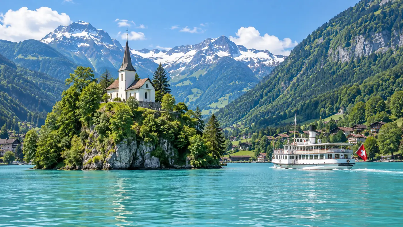 A small white church on a wooded hill above turquoise Lake Brienz