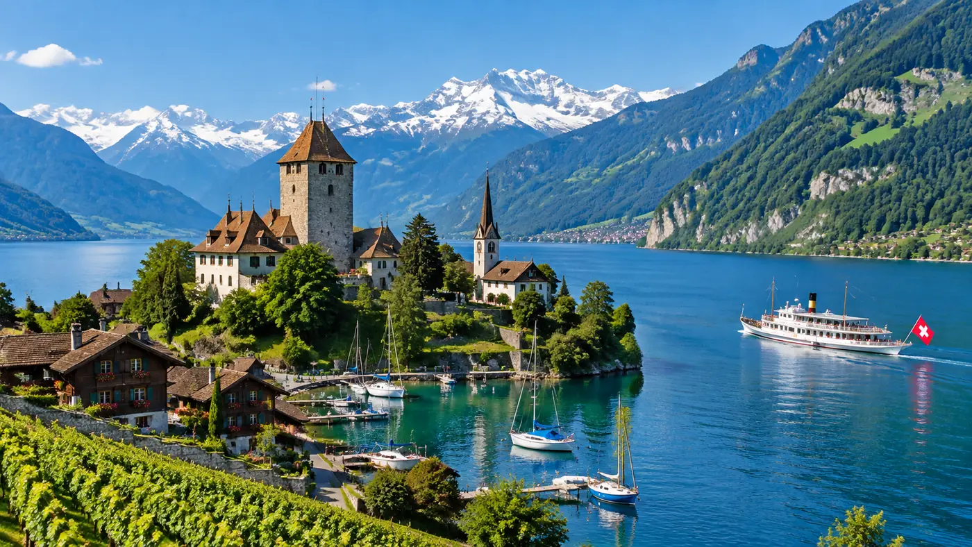Spiez bay with the castle's square keep and the church on a promontory, boats and vineyards around it