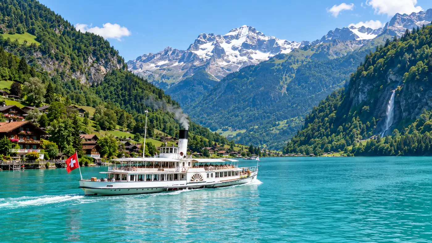 A historic white paddle steamer under way on turquoise Lake Brienz