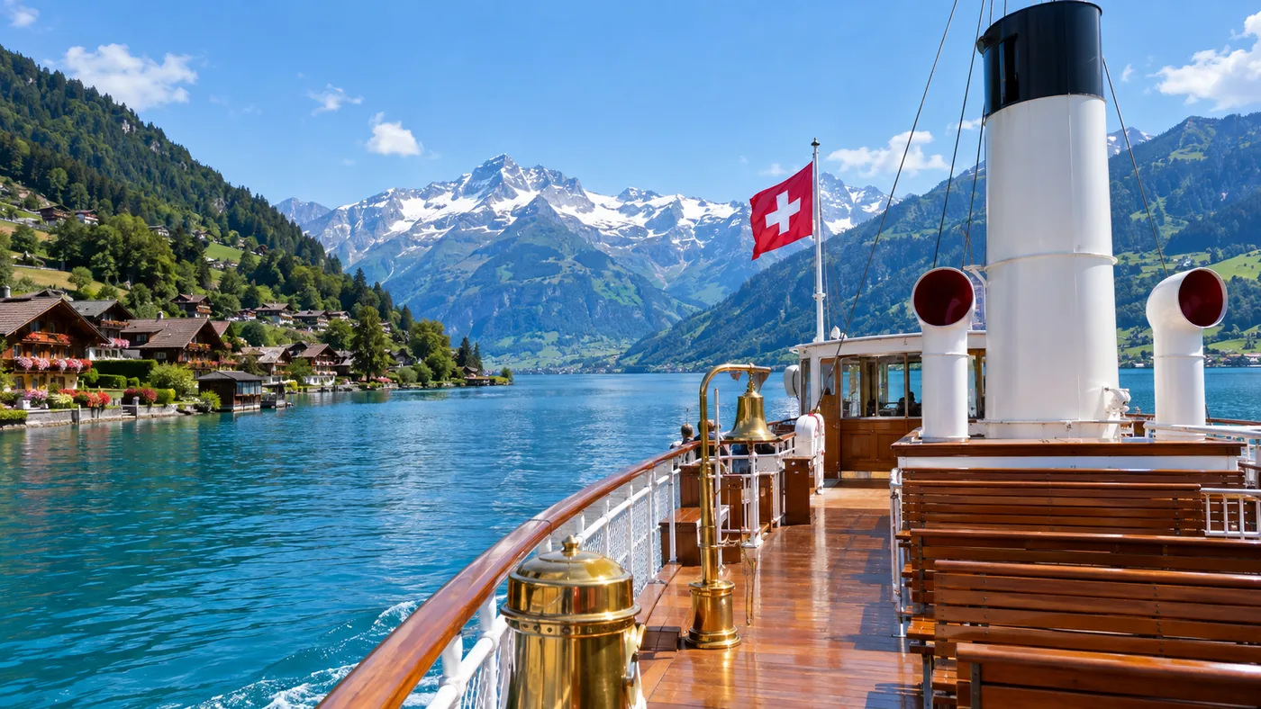 Open deck of a paddle steamer with brass fittings and a white funnel
