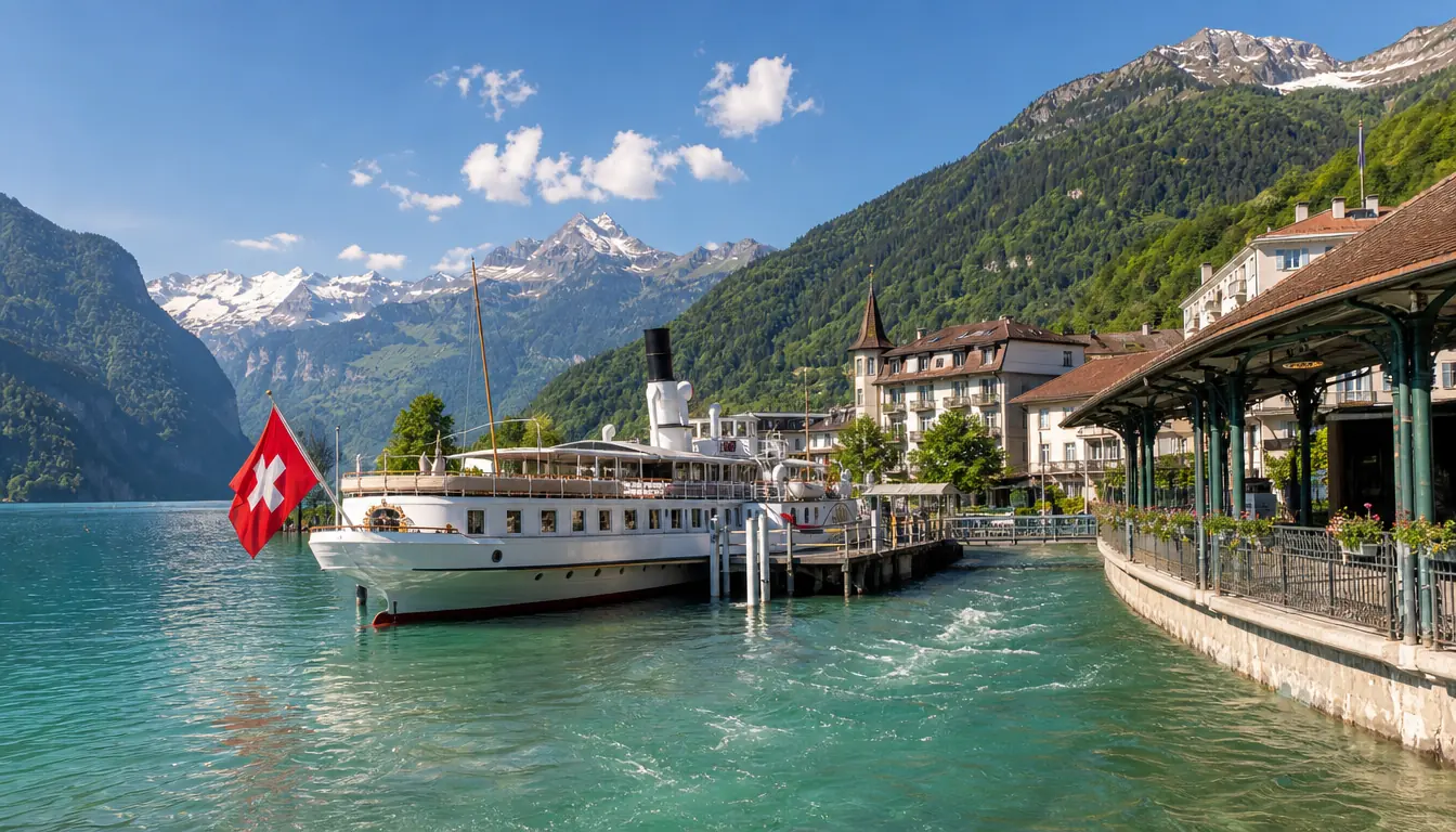 A white lake ship moored at a landing stage by the river outflow in Thun