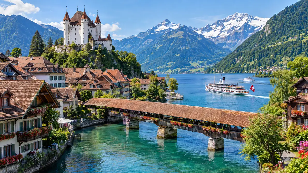 Thun Castle with four corner turrets above red roofs and a covered wooden bridge on the Aare