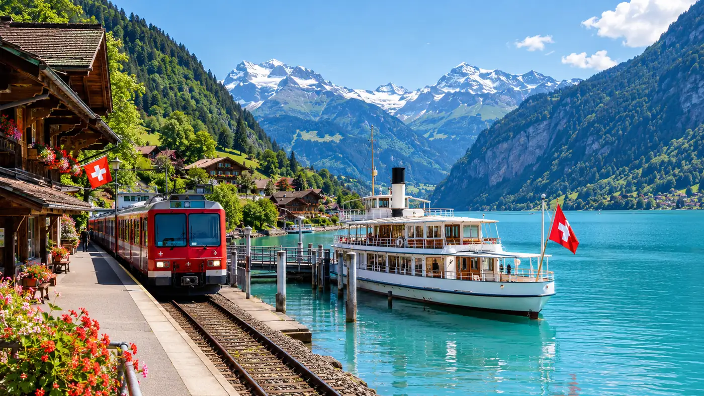 A red train at a lakeside station with a white ship moored at the pier beside it