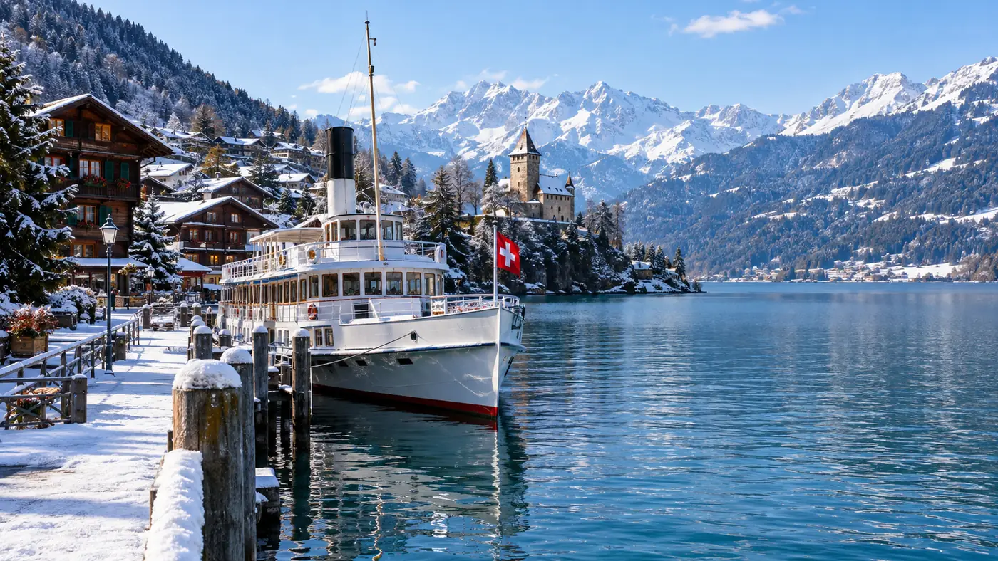 A white lake ship at a snowy village pier on Lake Thun in winter
