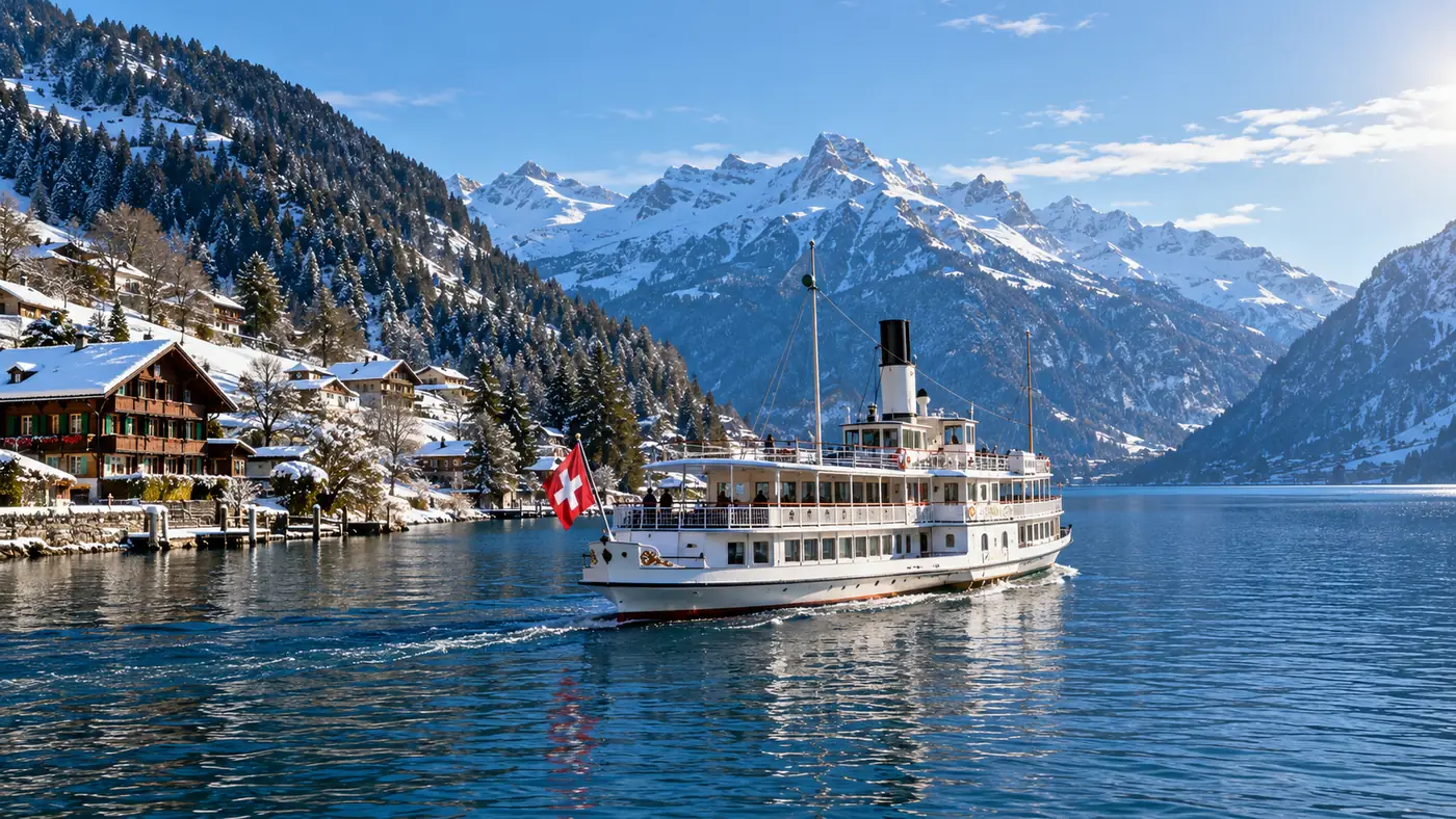 A white passenger ship on dark blue Lake Thun in winter, snow on the mountains